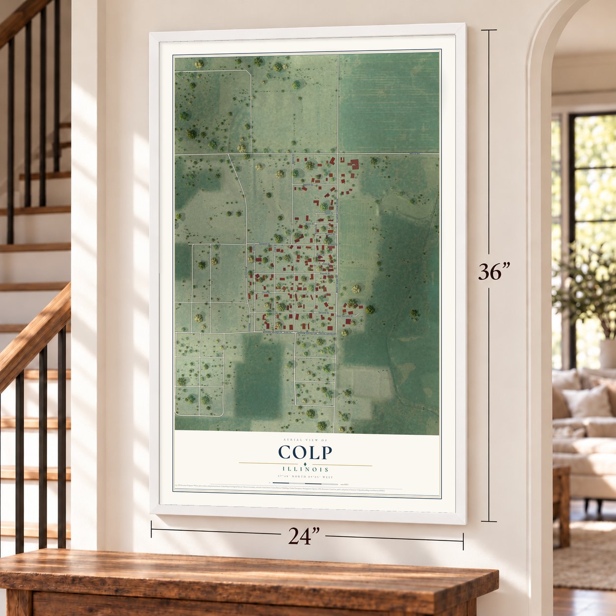 Colp, Illinois map, 24 x 36 inch print in a white frame by a staircase