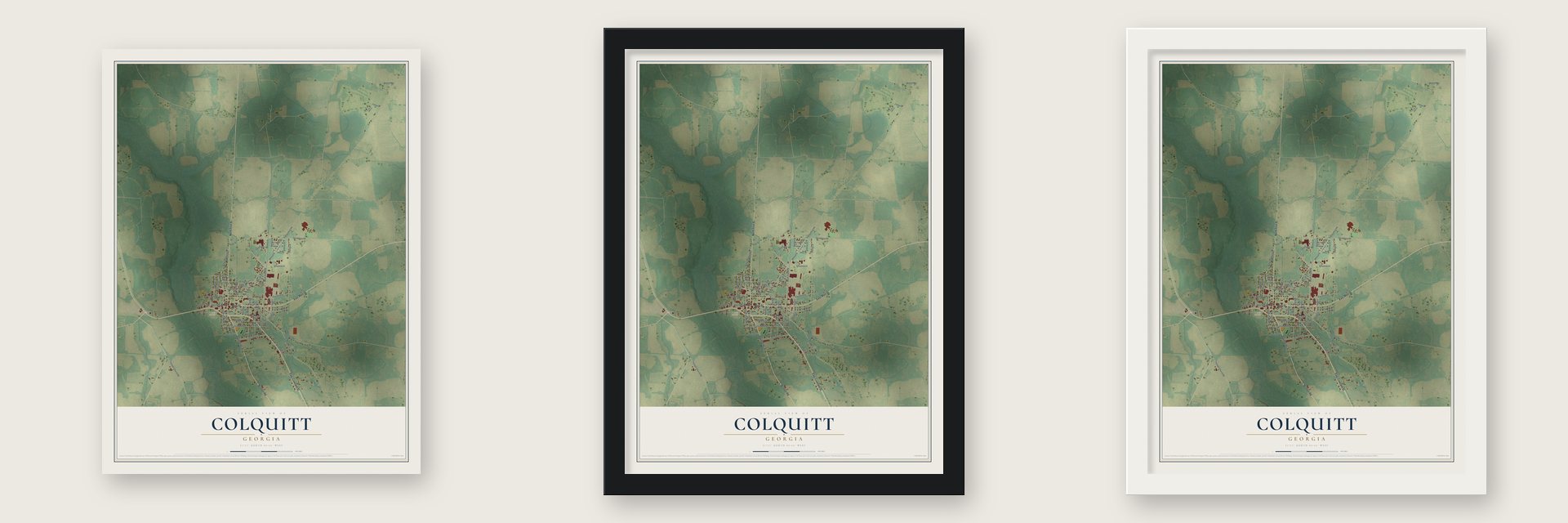 Colquitt, Georgia map unframed, in a black wood frame and in a white wood frame