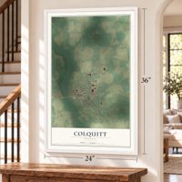 Colquitt, Georgia map, 24 x 36 inch print in a white frame by a staircase