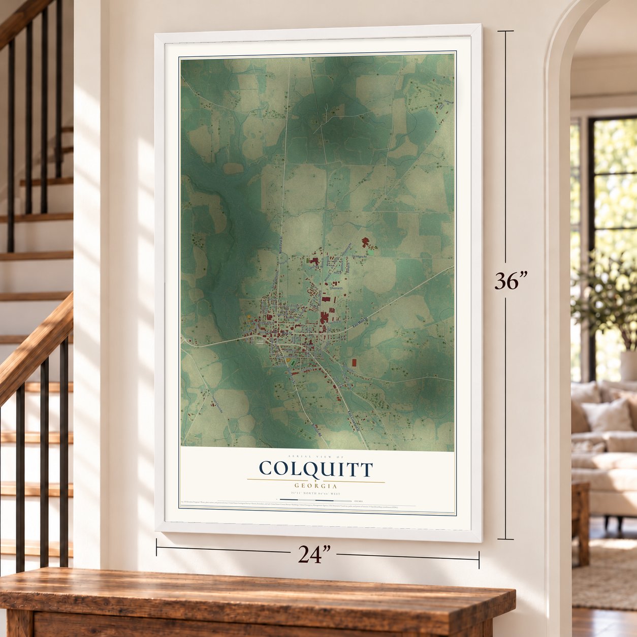 Colquitt, Georgia map, 24 x 36 inch print in a white frame by a staircase