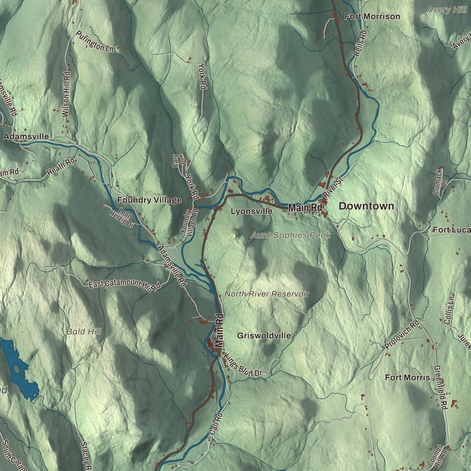 Close-up of the map of Colrain, Massachusetts print showing terrain and local geography