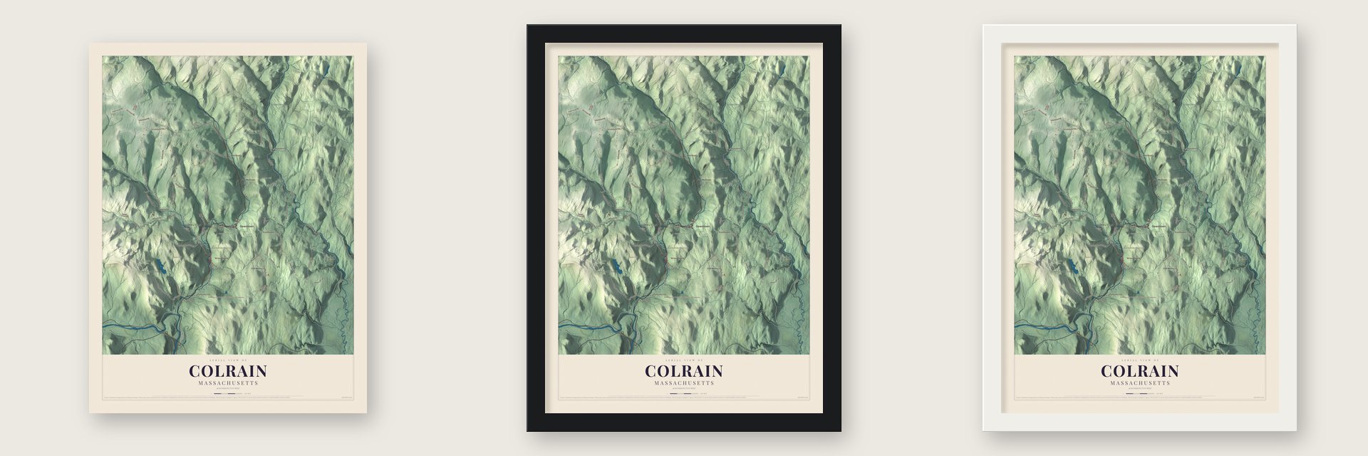 Colrain, Massachusetts map unframed, in a black wood frame and in a white wood frame