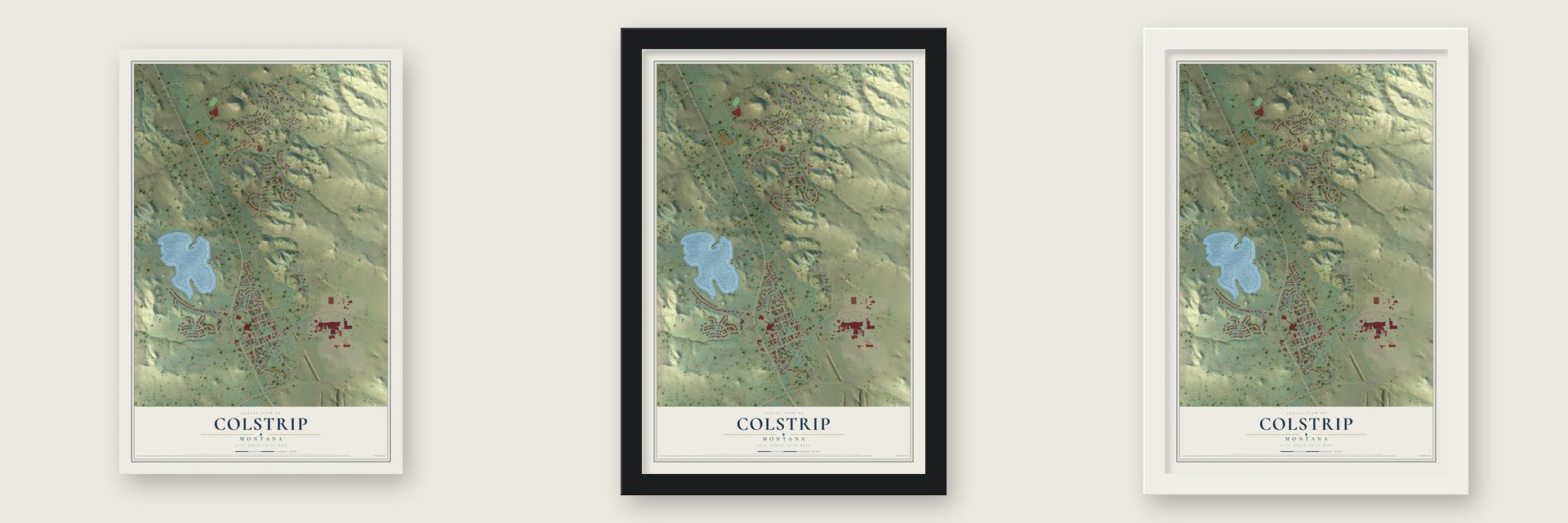 Colstrip, Montana map unframed, in a black wood frame and in a white wood frame