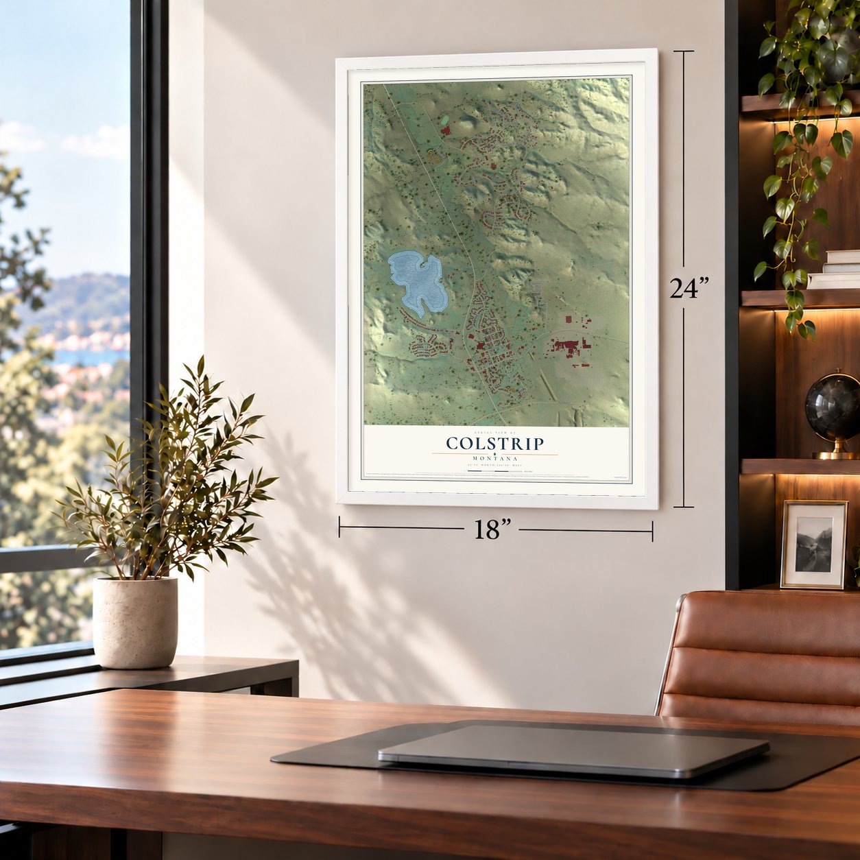 Colstrip, Montana map, 18 x 24 inch print in a white frame in a home office
