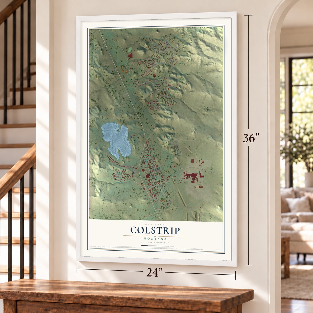 Colstrip, Montana map, 24 x 36 inch print in a white frame by a staircase