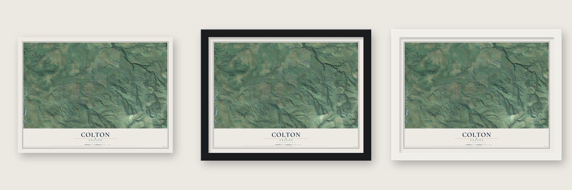 Colton, Oregon map unframed, in a black wood frame and in a white wood frame