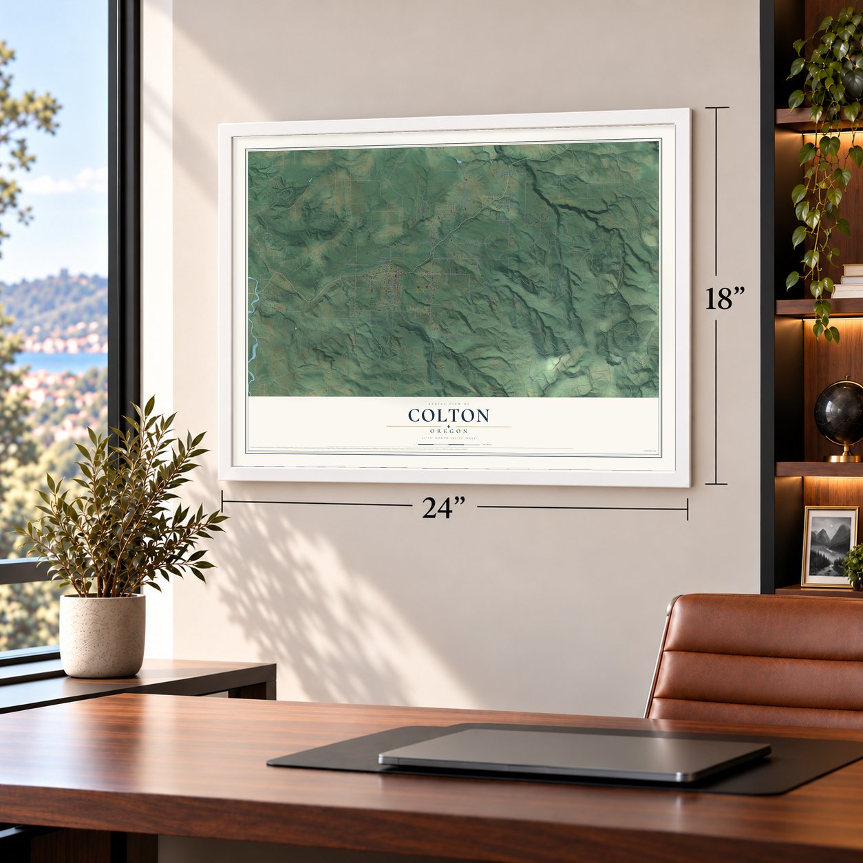 Colton, Oregon map, 18 x 24 inch print in a white frame in a home office