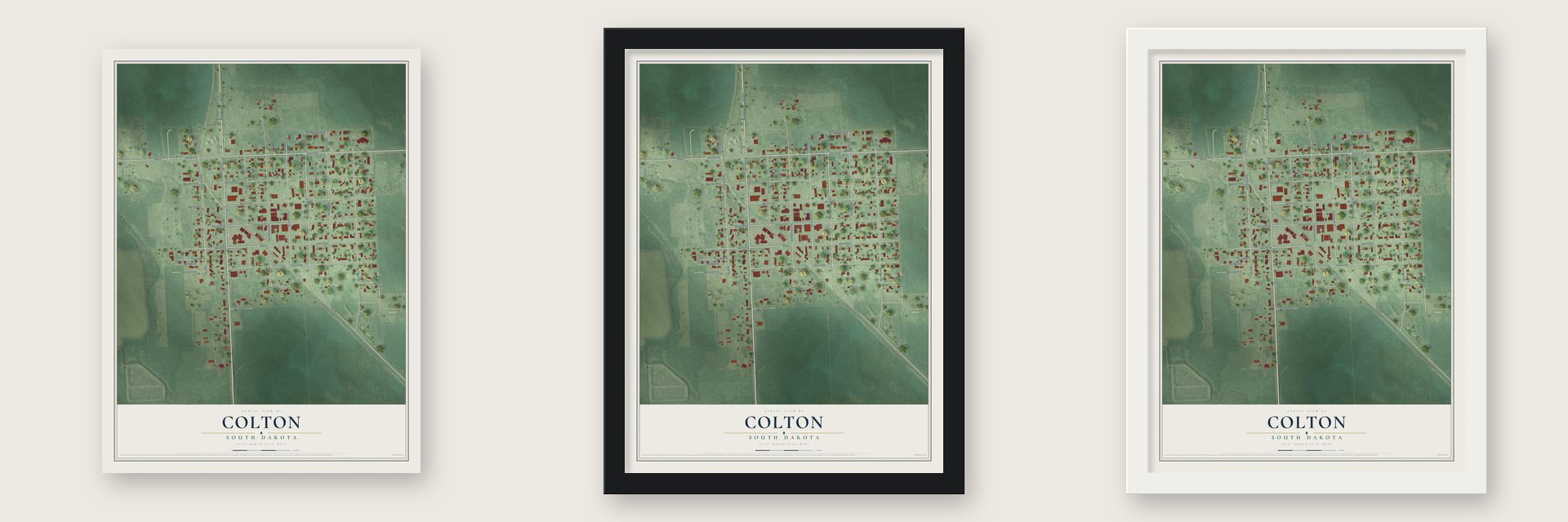 Colton, South Dakota map unframed, in a black wood frame and in a white wood frame