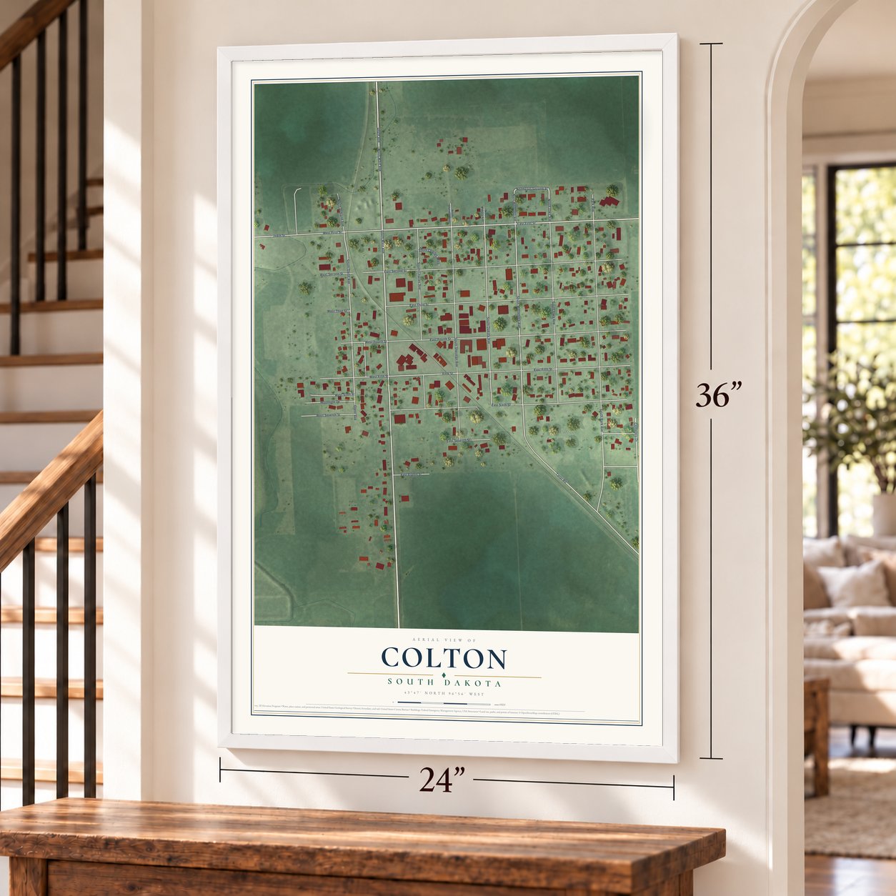 Colton, South Dakota map, 24 x 36 inch print in a white frame by a staircase