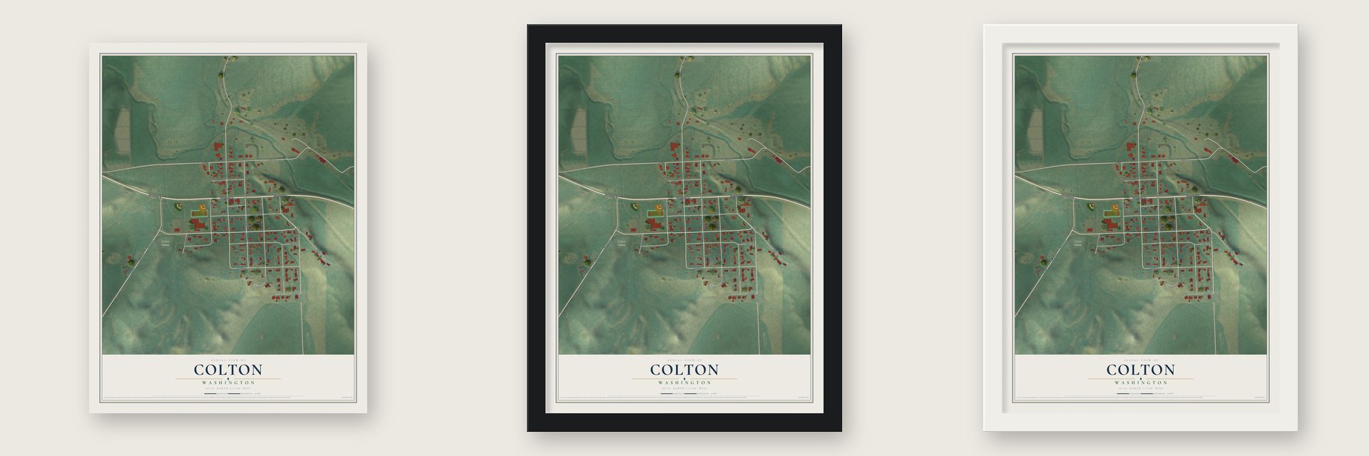 Colton, Washington map unframed, in a black wood frame and in a white wood frame