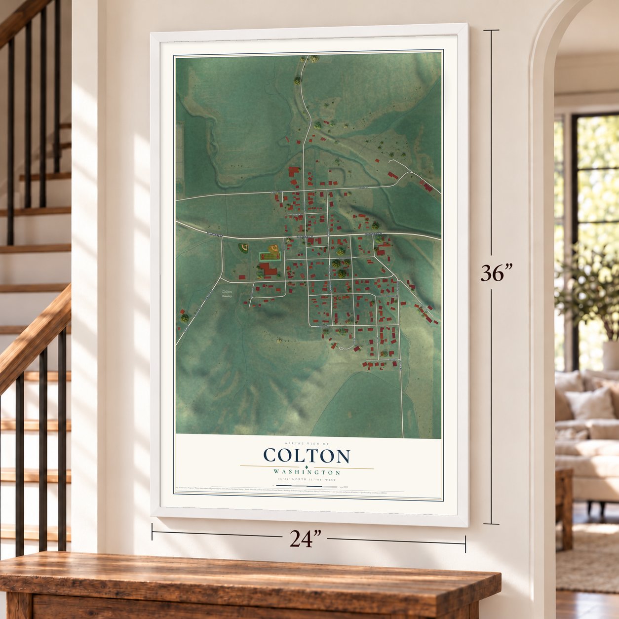 Colton, Washington map, 24 x 36 inch print in a white frame by a staircase