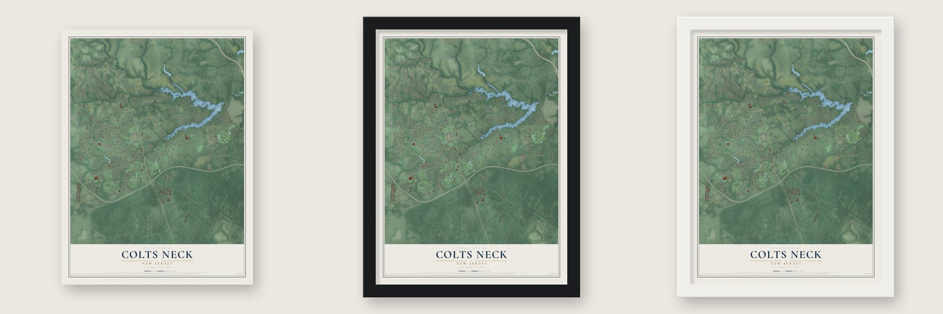 Colts Neck, New Jersey map unframed, in a black wood frame and in a white wood frame