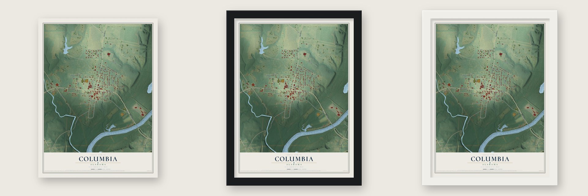 Columbia, Alabama map unframed, in a black wood frame and in a white wood frame