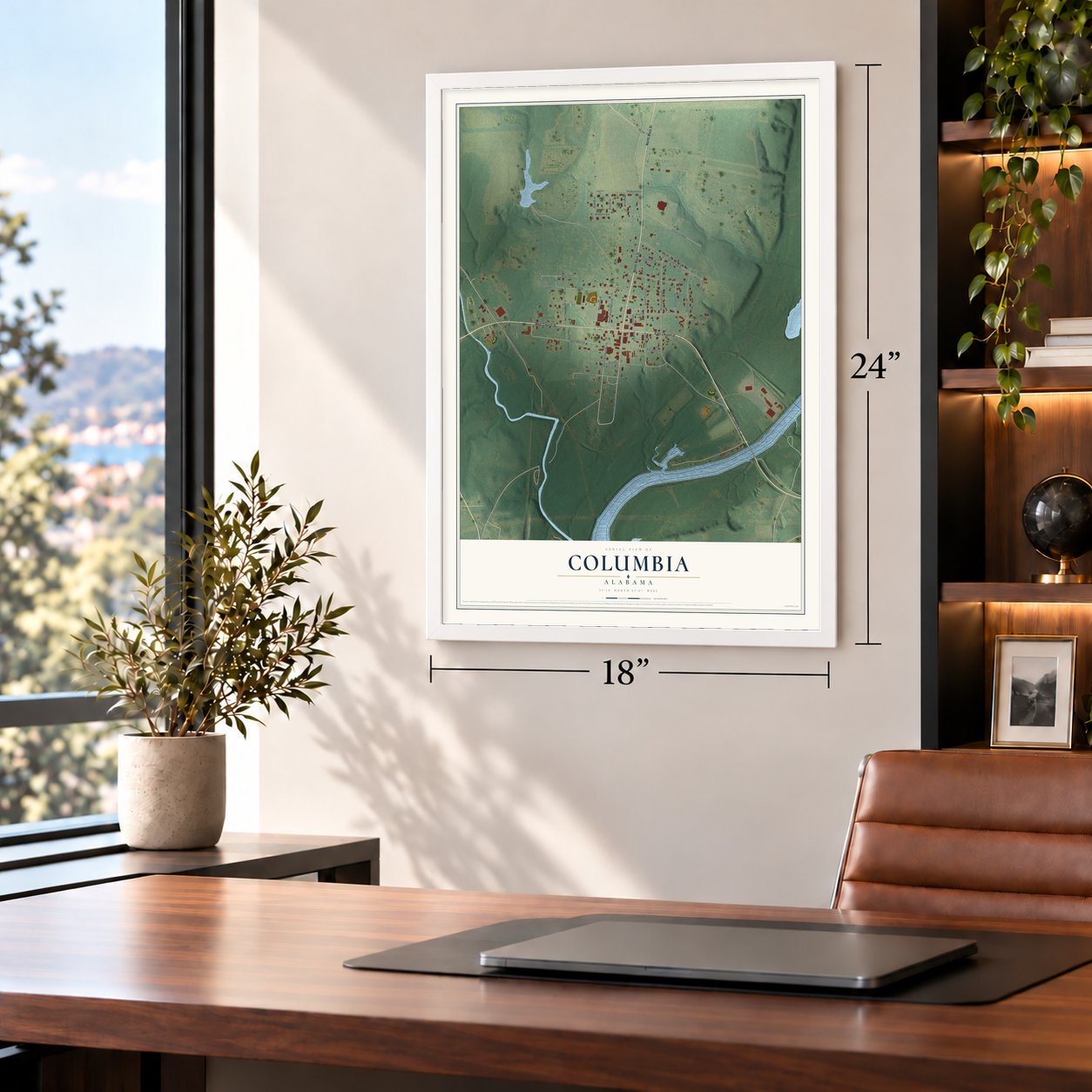 Columbia, Alabama map, 18 x 24 inch print in a white frame in a home office