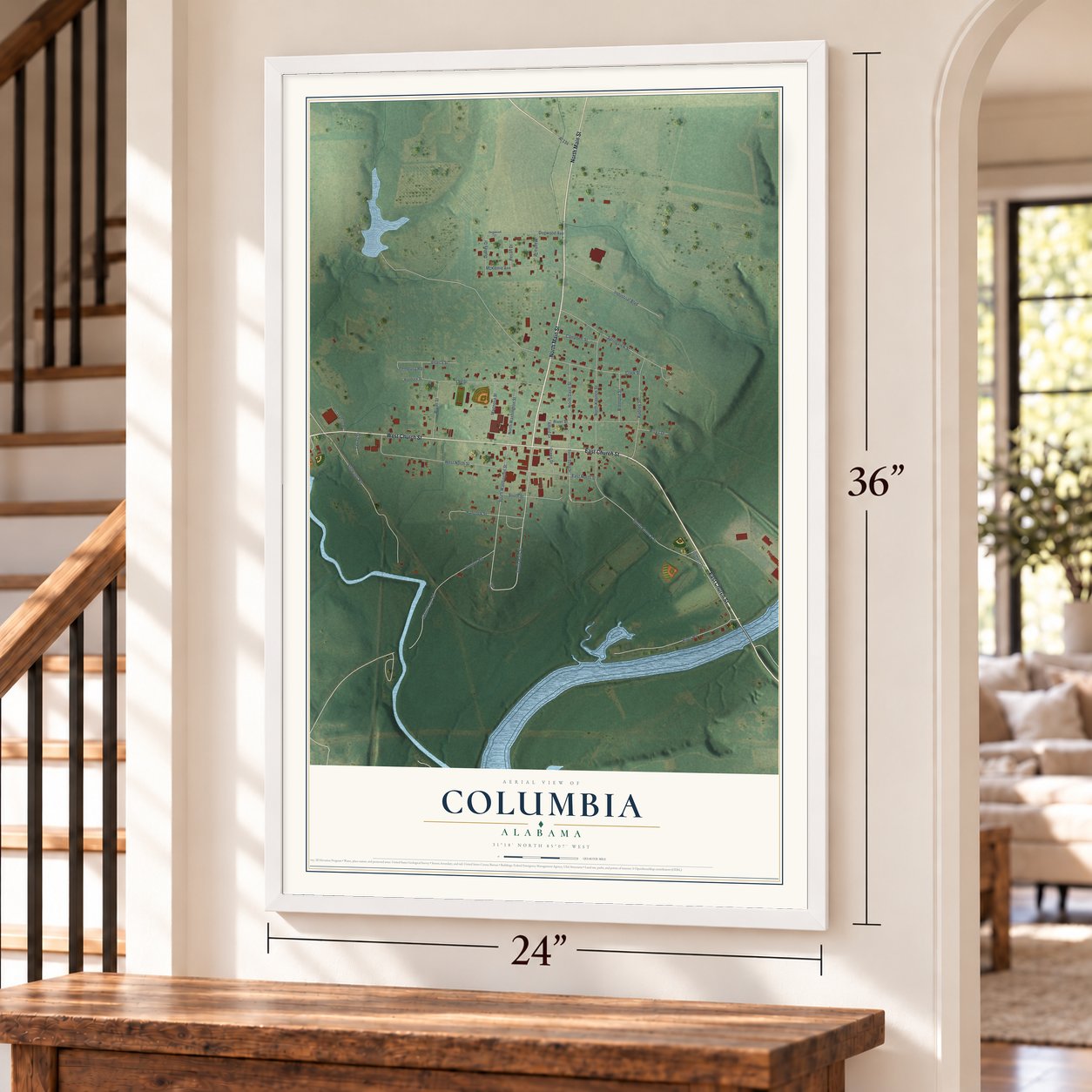 Columbia, Alabama map, 24 x 36 inch print in a white frame by a staircase