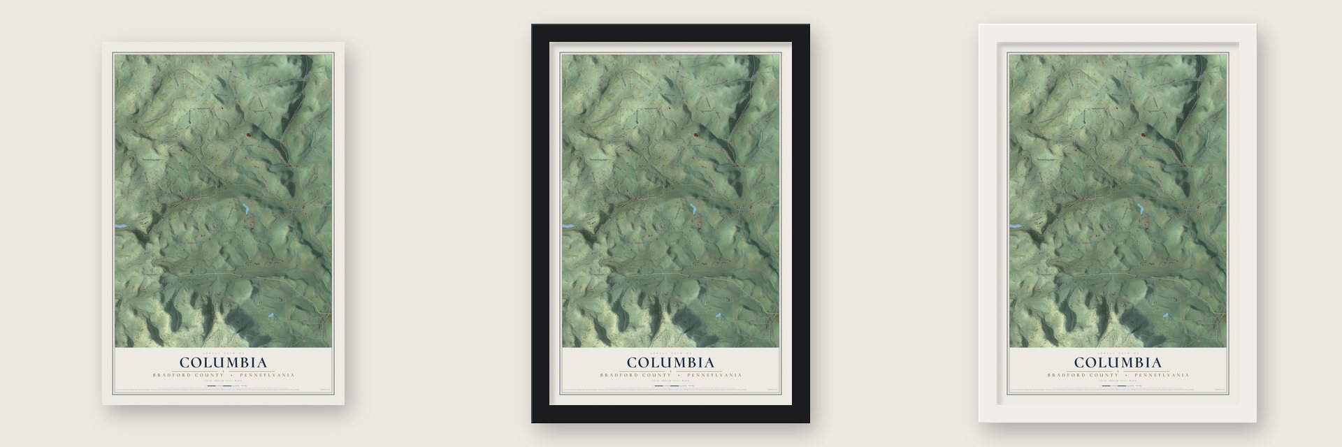Columbia, Bradford County, Pennsylvania map unframed, in a black wood frame and in a white wood frame