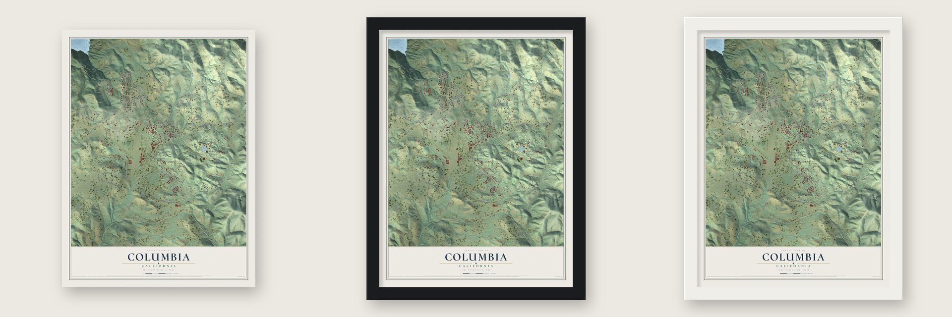 Columbia, California map unframed, in a black wood frame and in a white wood frame