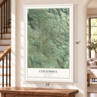 Columbia, California map, 24 x 36 inch print in a white frame by a staircase