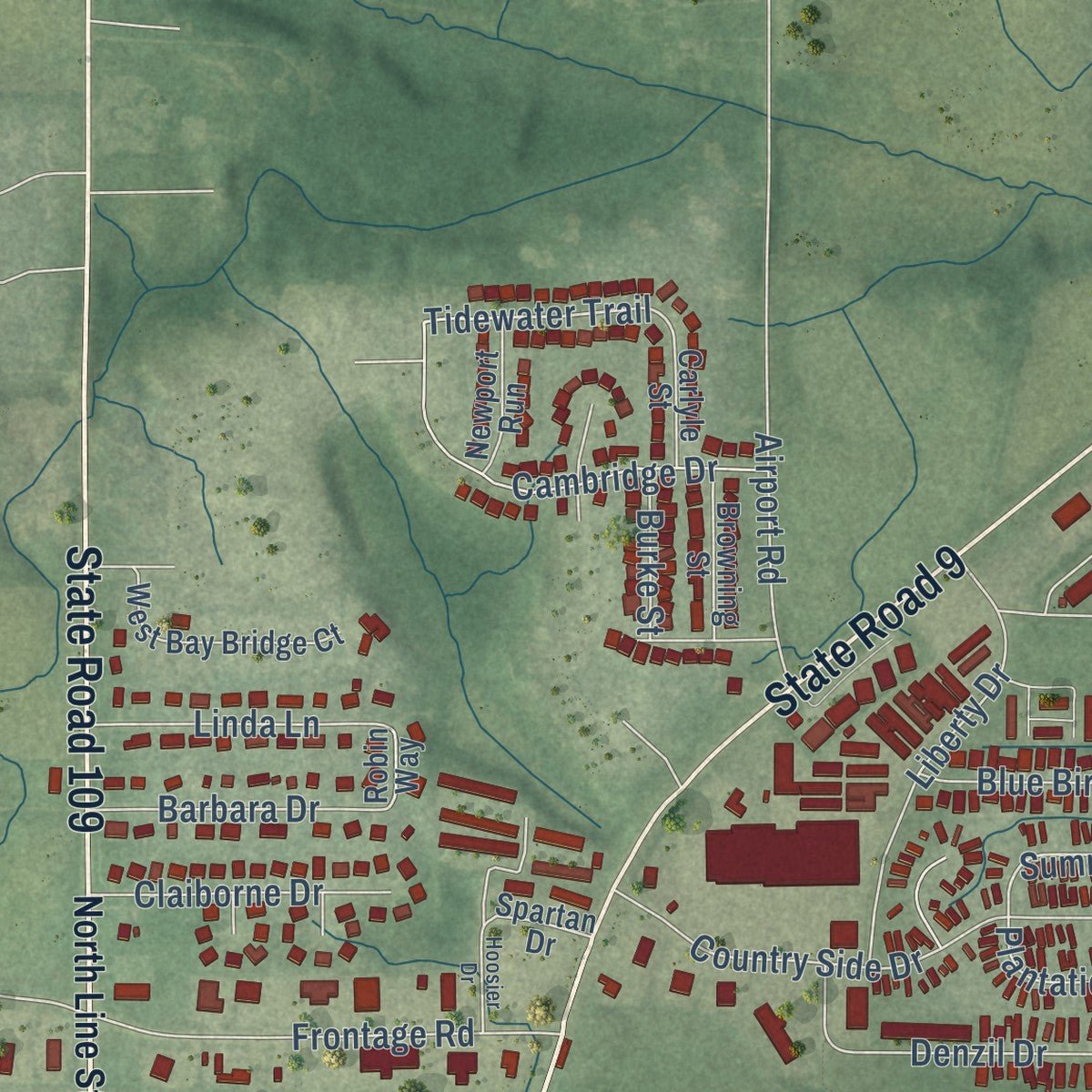 Second close-up of the map of Columbia City, Indiana print showing more streets and buildings