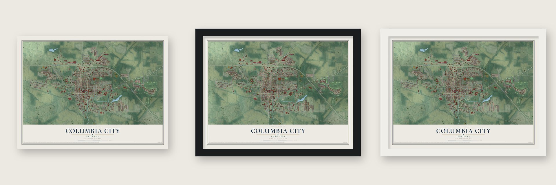 Columbia City, Indiana map unframed, in a black wood frame and in a white wood frame