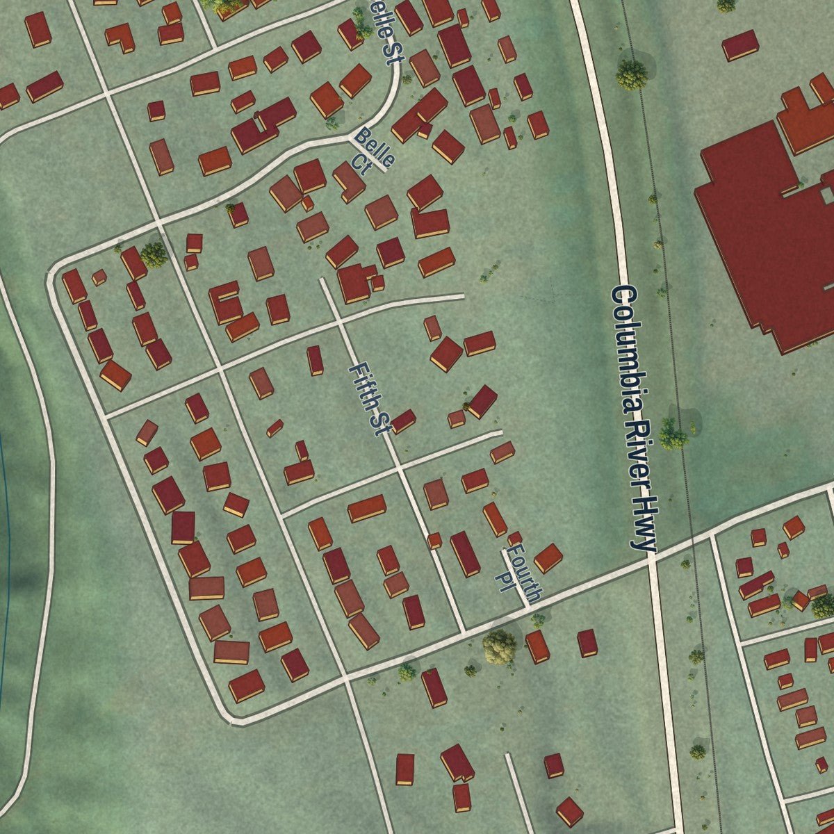 Second close-up of the map of Columbia City, Oregon print showing more streets and buildings