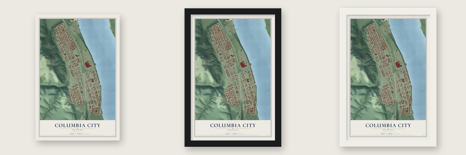 Columbia City, Oregon map unframed, in a black wood frame and in a white wood frame