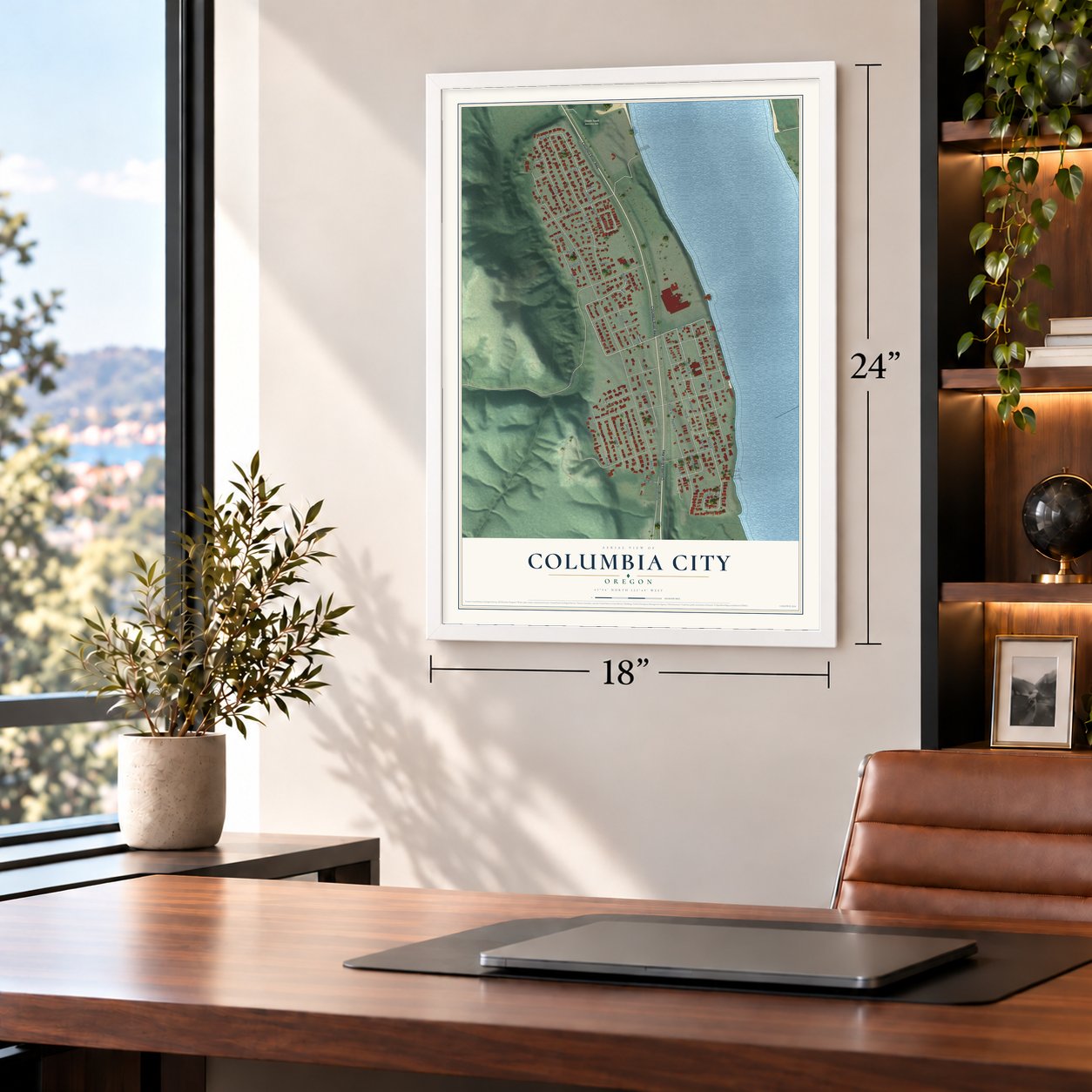 Columbia City, Oregon map, 18 x 24 inch print in a white frame in a home office