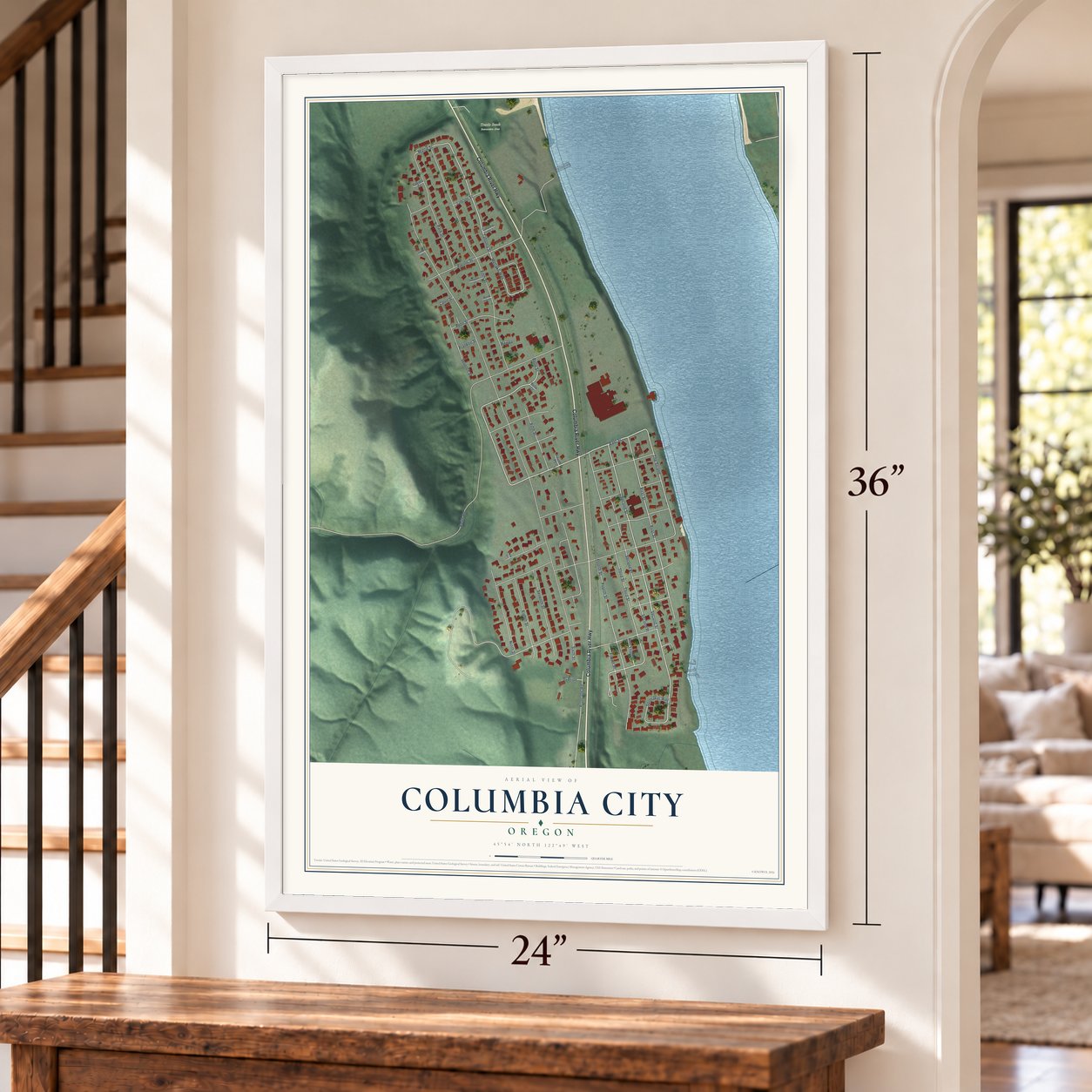 Columbia City, Oregon map, 24 x 36 inch print in a white frame by a staircase