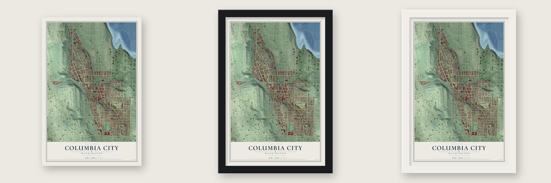 Columbia City, Washington map unframed, in a black wood frame and in a white wood frame