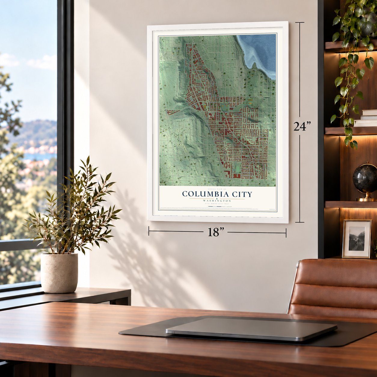 Columbia City, Washington map, 18 x 24 inch print in a white frame in a home office