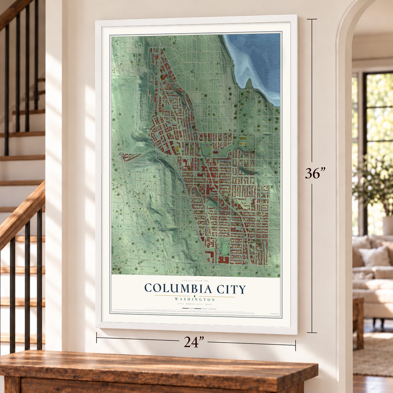 Columbia City, Washington map, 24 x 36 inch print in a white frame by a staircase
