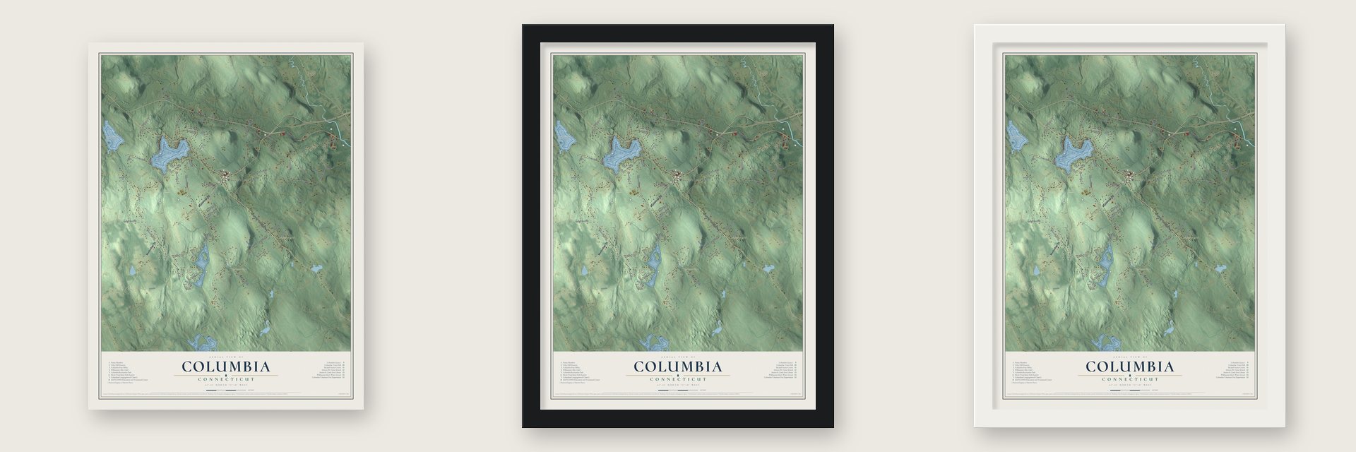 Columbia, Connecticut map unframed, in a black wood frame and in a white wood frame