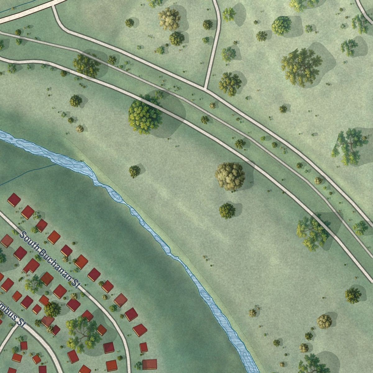 Second close-up of the map of Columbia Forest, Virginia print showing more streets and buildings