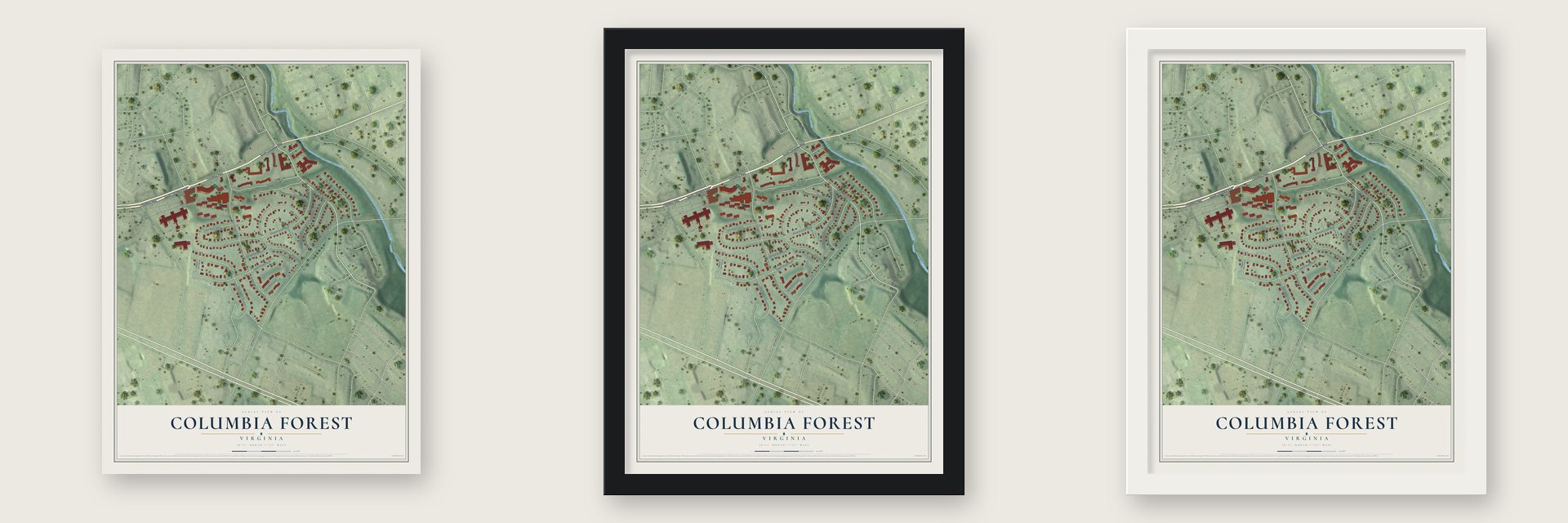 Columbia Forest, Virginia map unframed, in a black wood frame and in a white wood frame