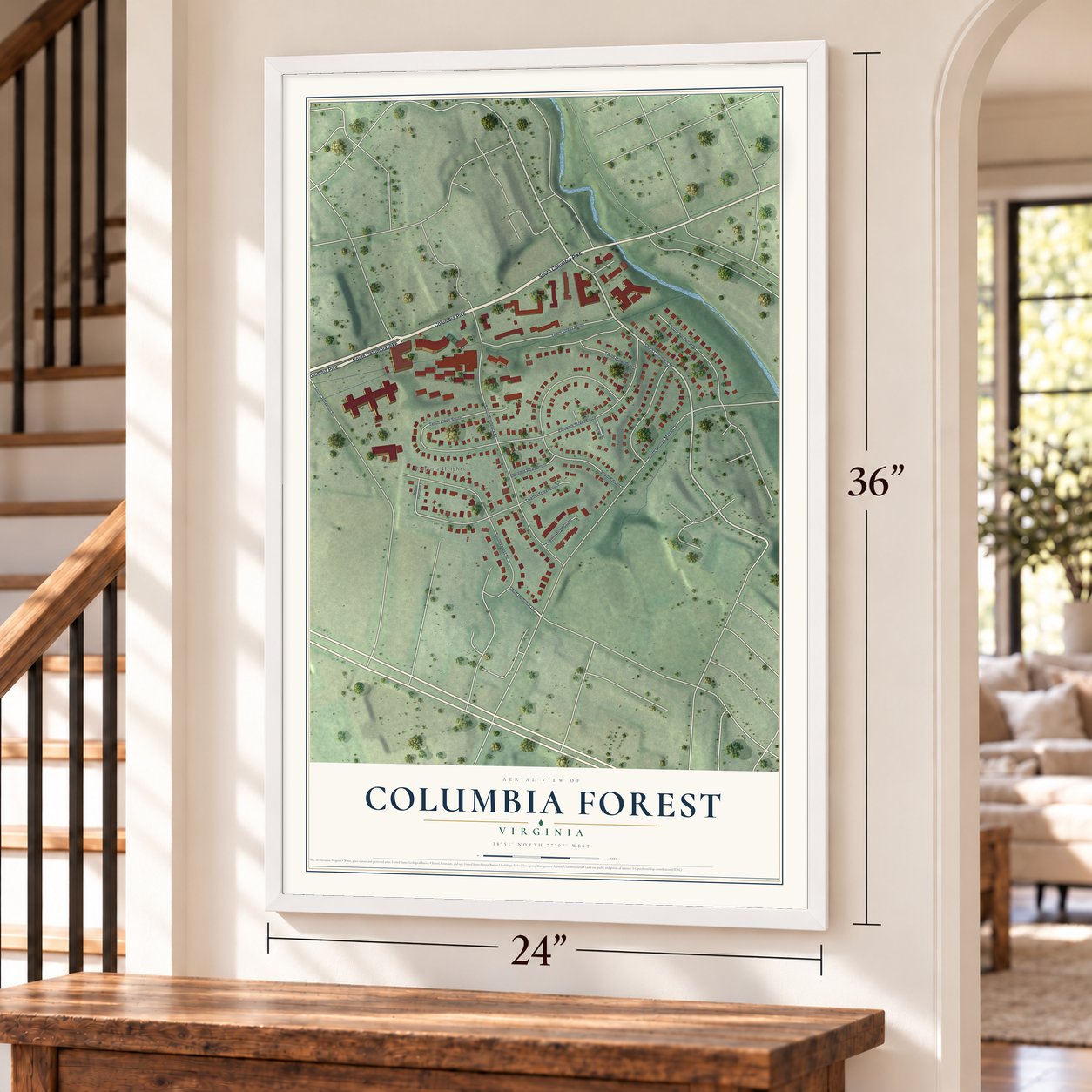 Columbia Forest, Virginia map, 24 x 36 inch print in a white frame by a staircase