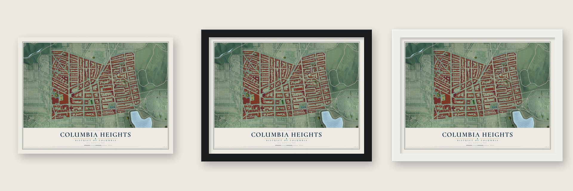 Columbia Heights, District of Columbia map unframed, in a black wood frame and in a white wood frame