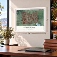 Columbia Heights, District of Columbia map, 18 x 24 inch print in a white frame in a home office