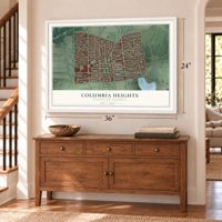 Columbia Heights, District of Columbia map, 24 x 36 inch print in a white frame above a dresser by a staircase