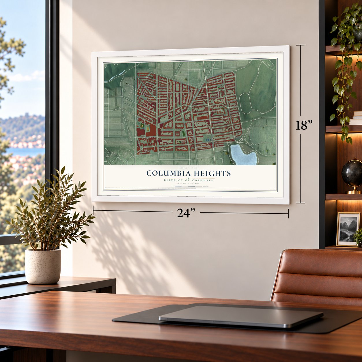 Columbia Heights, District of Columbia map, 18 x 24 inch print in a white frame in a home office