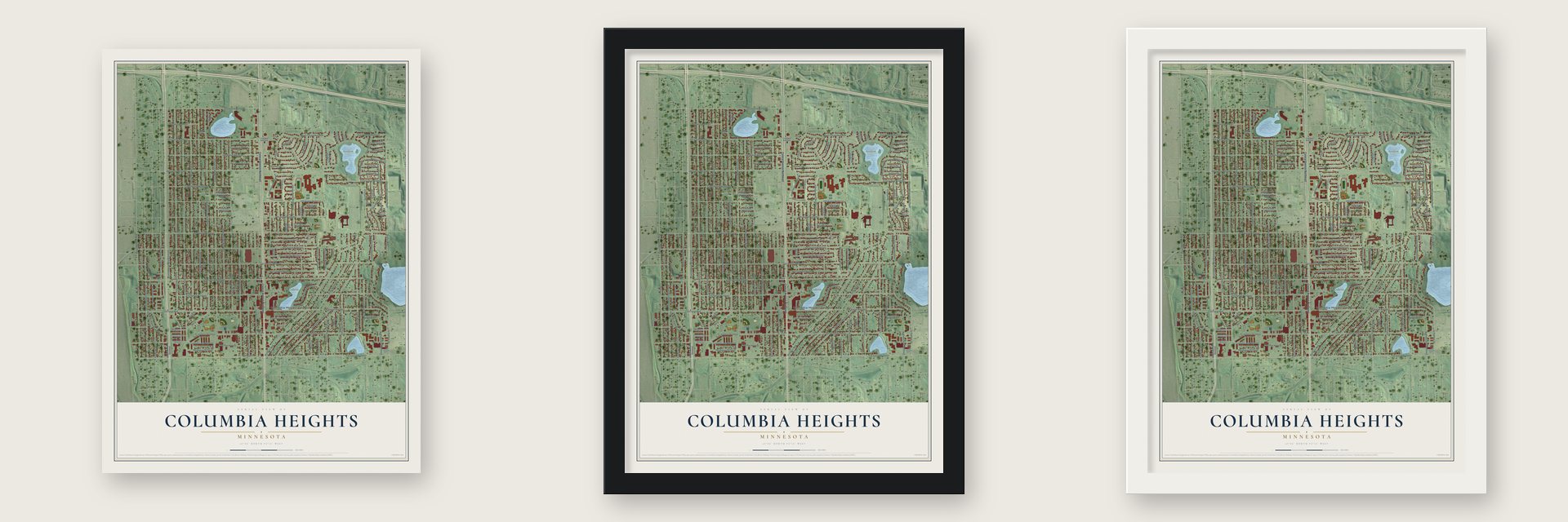 Columbia Heights, Minnesota map unframed, in a black wood frame and in a white wood frame