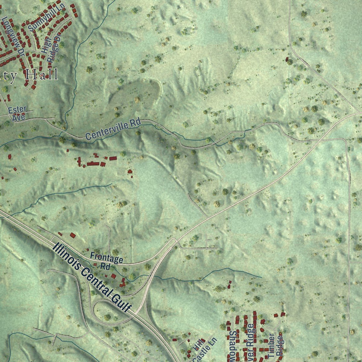 Second close-up of the map of Columbia, Illinois print showing more streets and buildings