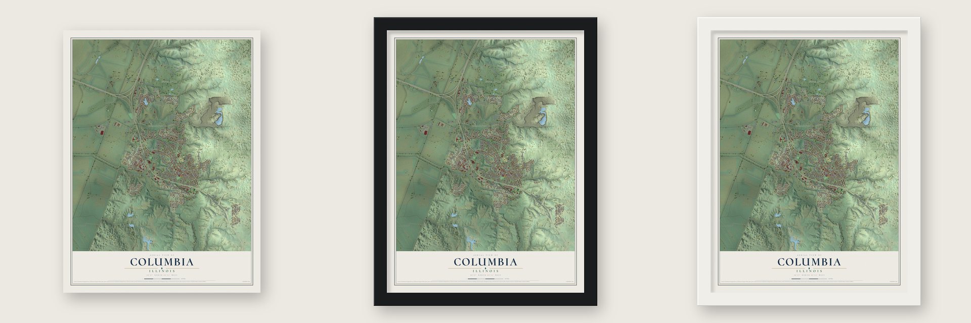 Columbia, Illinois map unframed, in a black wood frame and in a white wood frame