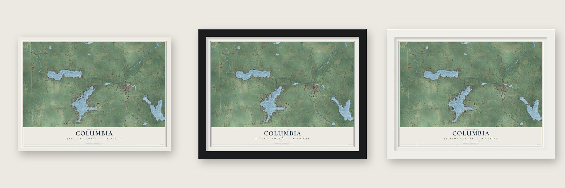 Columbia, Jackson County, Michigan map unframed, in a black wood frame and in a white wood frame