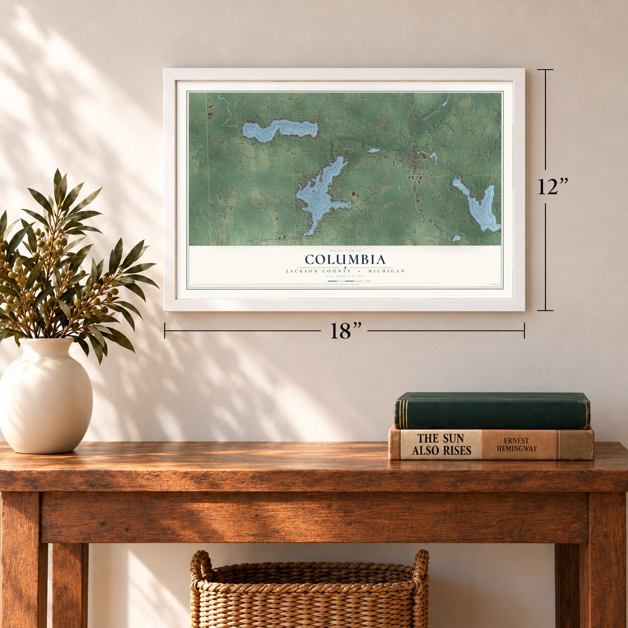 Columbia, Jackson County, Michigan map, 12 x 18 inch print in a white frame in an entryway