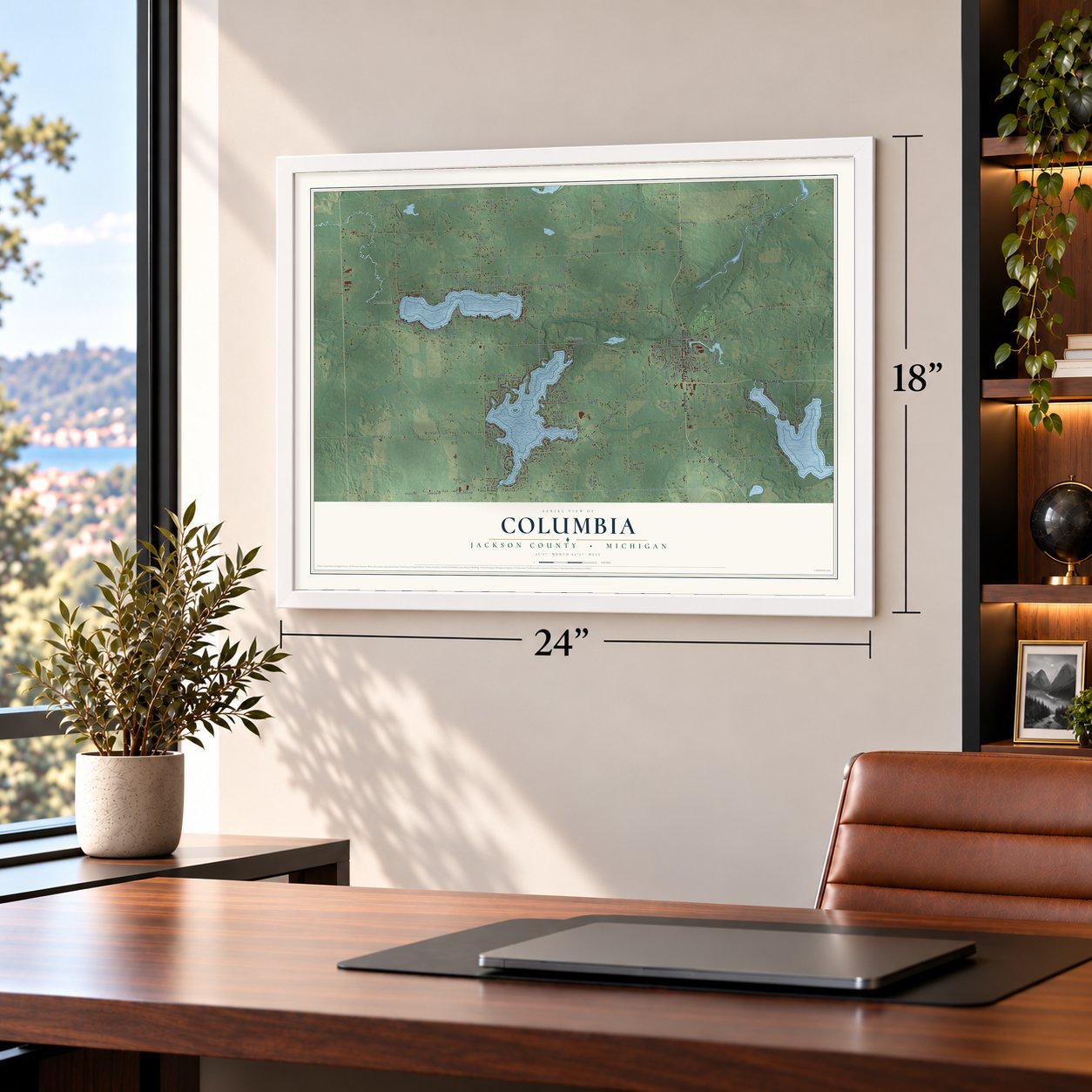 Columbia, Jackson County, Michigan map, 18 x 24 inch print in a white frame in a home office