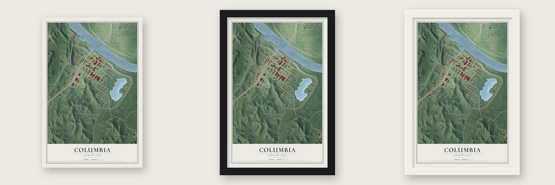 Columbia, Louisiana map unframed, in a black wood frame and in a white wood frame