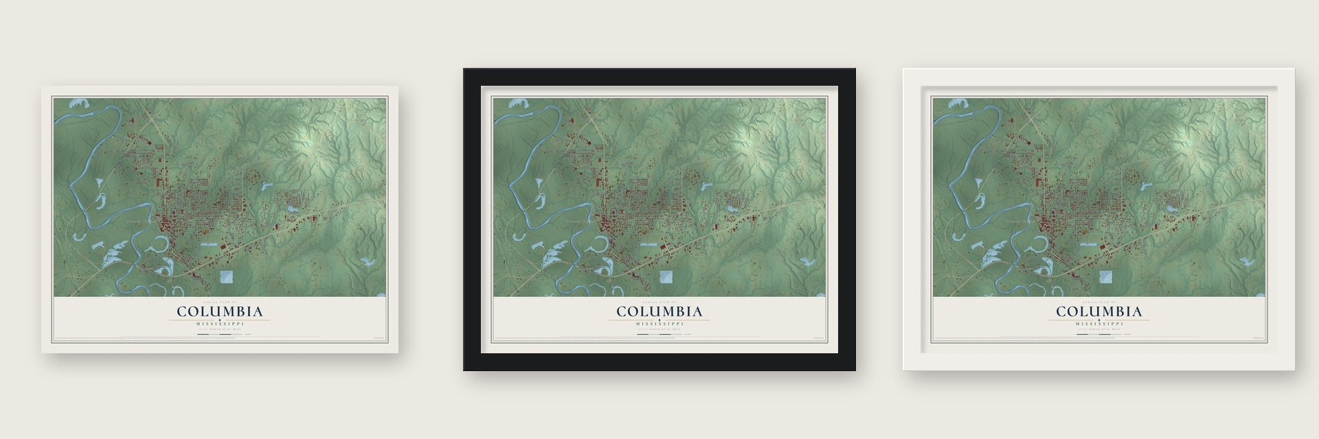 Columbia, Mississippi map unframed, in a black wood frame and in a white wood frame