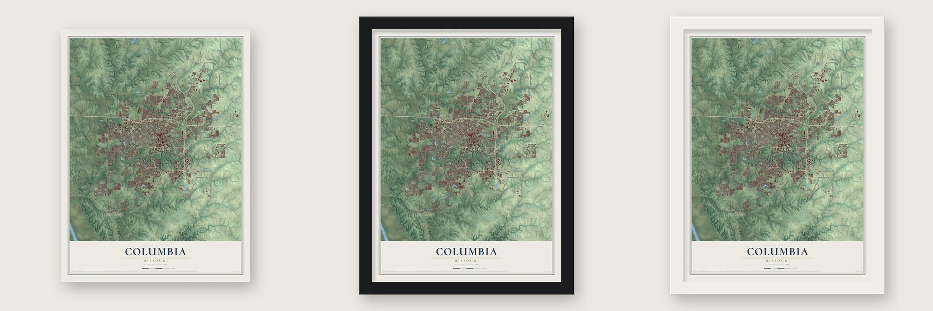 Columbia, Missouri map unframed, in a black wood frame and in a white wood frame