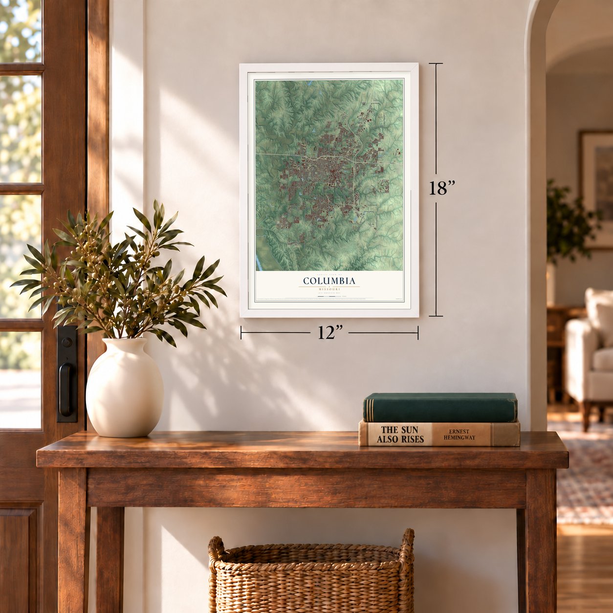 Columbia, Missouri map, 12 x 18 inch print in a white frame in an entryway