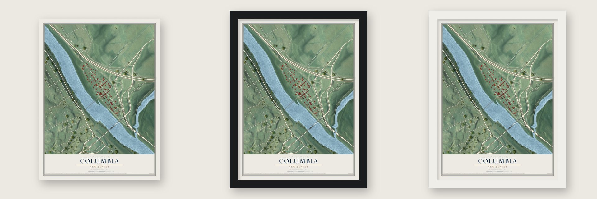 Columbia, New Jersey map unframed, in a black wood frame and in a white wood frame